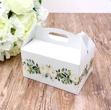 Svatební krabička na výslužku bílá s bílými růžemi (13 x 9 x 7 cm)