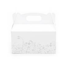 Svatební krabička na výslužku bílá s šedým zdobením (13 x 9 x 7 cm) 1