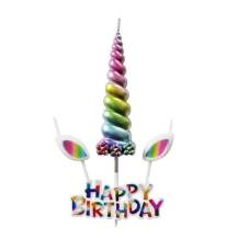 Svíčka Happy Birthday s jednorožčím rohem a ušima