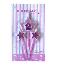 Svíčky koruna růžová s číslem 2 a hvězdičky růžové