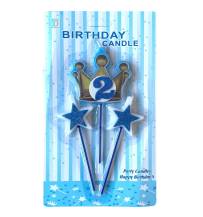 Svíčky koruna zlato-modrá s číslem 2 a hvězdičky modré