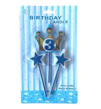 Svíčky koruna zlato-modrá s číslem 3 a hvězdičky modré