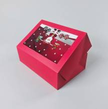 Vánoční dárková krabice červená s okénkem Santa s činkami (22,3 x 15,1 x 7,1 cm)