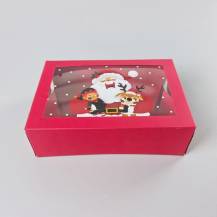 Vánoční dárková krabice červená s okénkem Santa, skřítek a sobík (22,3 x 15,1 x 7,1 cm)
