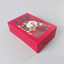 Vánoční dárková krabice červená s okénkem Santa, skřítek a sobík (22,3 x 15,1 x 7,1 cm)