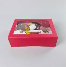 Vánoční dárková krabice červená s okénkem Santa v komíně (22,3 x 15,1 x 7,1 cm)