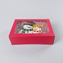 Vánoční dárková krabice červená s okénkem Sněhuláci (22,3 x 15,1 x 7,1 cm)