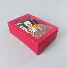 Vánoční dárková krabice červená s okénkem Sněhuláci (22,3 x 15,1 x 7,1 cm)