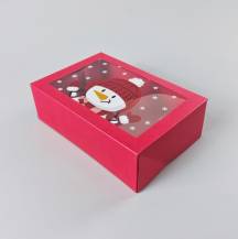 Vánoční dárková krabice červená s okénkem Sněhulák (22,3 x 15,1 x 7,1 cm)