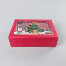 Vánoční dárková krabice červená s okénkem Stromeček (22,3 x 15,1 x 7,1 cm)