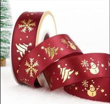Burgunderrotes Weihnachtsband mit Bäumen und Schneeflocken (25 mm x 22 m)