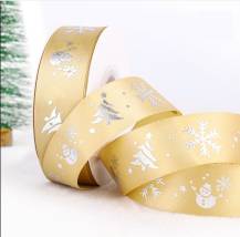 Vianočná stuha zlatá so stromčekmi a vločkami (25 mm x 22 m)