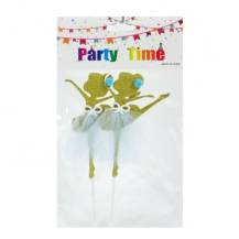 Zápich do dortu Baletky s bambulkou zlaté s modrou sukní (2 ks)