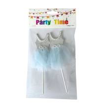 Zápich do dortu Baletní šaty na ramínka stříbrné s modrou sukní (2 ks)