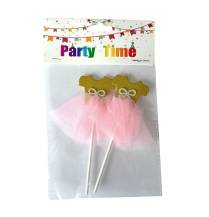 Zápich do dortu Baletní šaty zlaté s růžovou sukní (2 ks)