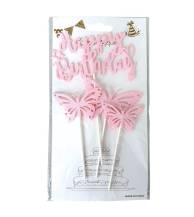 Zápich do dortu růžový Happy Birthday s motýlky (4 ks)