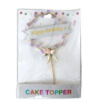 Zápich do dortu zlatý Happy Birthday s fialovými korálky