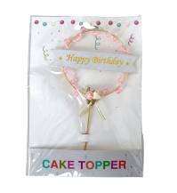 Zápich do dortu zlatý Happy Birthday s růžovými korálky