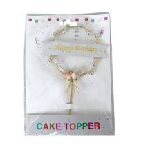 Zápich do dortu zlatý Happy Birthday se stříbrnými korálky