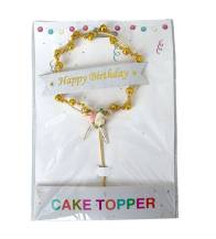 Zápich do dortu zlatý Happy Birthday se zlatými korálky