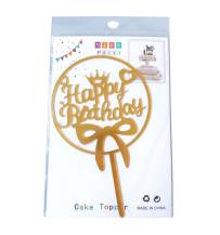 Zápich do dortu zlatý Happy Birthday v kruhu s mašlí