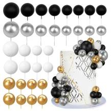 Zápich do dortu Koule bílé, černé, stříbrné a zlaté různé velikosti (36 ks)