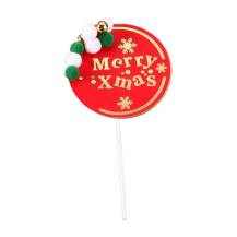 Zápich do dortu červený Merry Xmas s plyšovými bambulkami