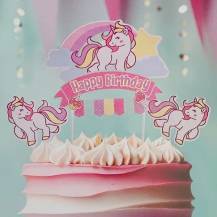 Zapichovací dekorace na dort Happy Birthday s jednorožci (3 ks)