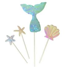 Zápich do dortu Ocas mořské panny modrý s mušlí a hvězdicemi (4 ks)