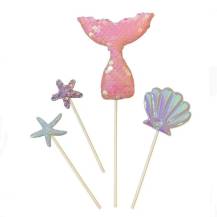 Zápich do dortu Ocas mořské panny růžový s mušlí a hvězdicemi (4 ks)