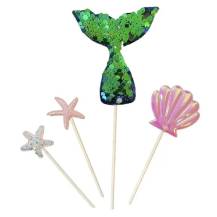 Zápich do dortu Ocas mořské panny zelený s mušlí a hvězdicemi (4 ks)