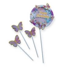 Różowa ozdoba na tort urodzinowy „Wszystkiego najlepszego” z motylami (4 szt.)