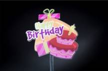 Zapichovacia plastová dekorácia Happy Birthday s tortou a darčekom